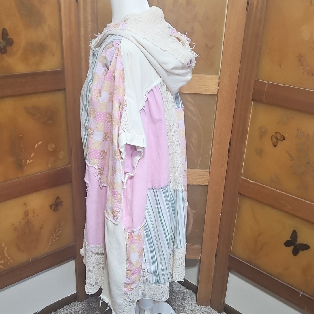 Boho Cottagecore Patchwork Button Down Distressed Oversized Hooded Shirt - Picture 14 of 16